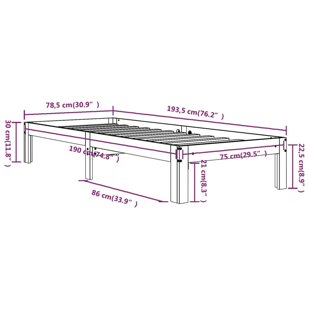 Πλαίσιο Κρεβατιού Γκρι 75x190 εκ. Μασίφ Ξύλο 2FT6 Small Single