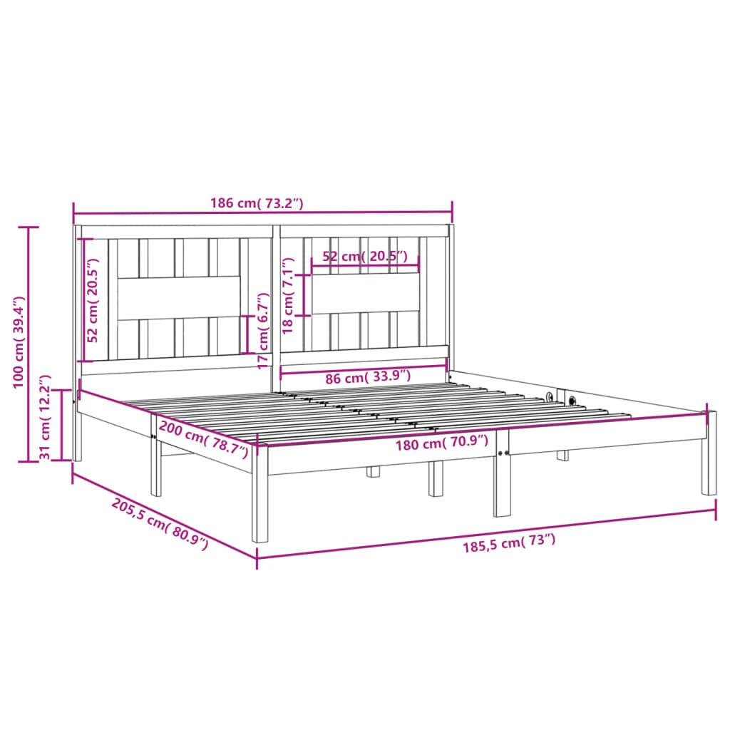 Πλαίσιο Κρεβατιού Μελί 180 x 200 εκ. Μασίφ Ξύλο 6FT Super King