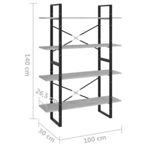 Βιβλιοθήκη με 4 Ράφια Γκρι Σκυροδέμ. 100x30x140 εκ. Μοριοσανίδα