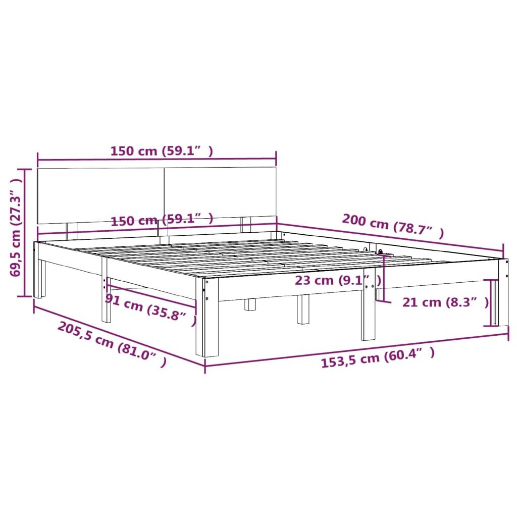 Πλαίσιο Κρεβατιού Γκρι 150 x 200 εκ. Μασίφ Ξύλο 5FT King Size