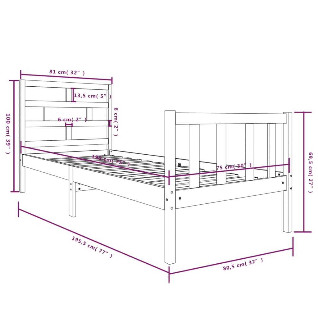 Πλαίσιο Κρεβατιού Γκρι 75x190 εκ. Μασίφ Πεύκο 2FT6 Small Single