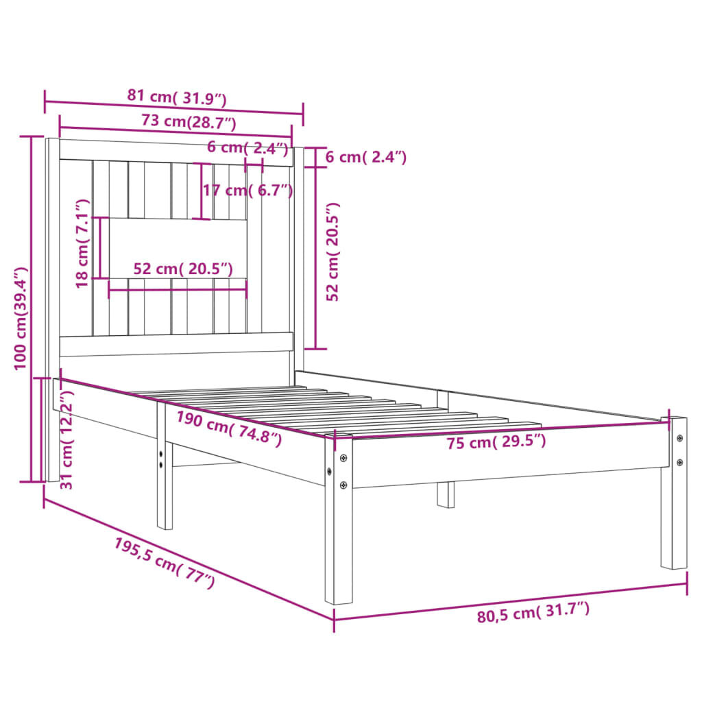 Πλαίσιο Κρεβατιού Γκρι 75x190 εκ. Μασίφ Ξύλο 2FT6 Small Single