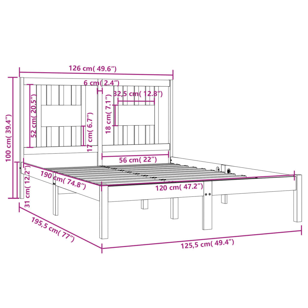 Πλαίσιο Κρεβατιού Μαύρο 120x190 εκ. Μασίφ Ξύλο 4FT Small Double