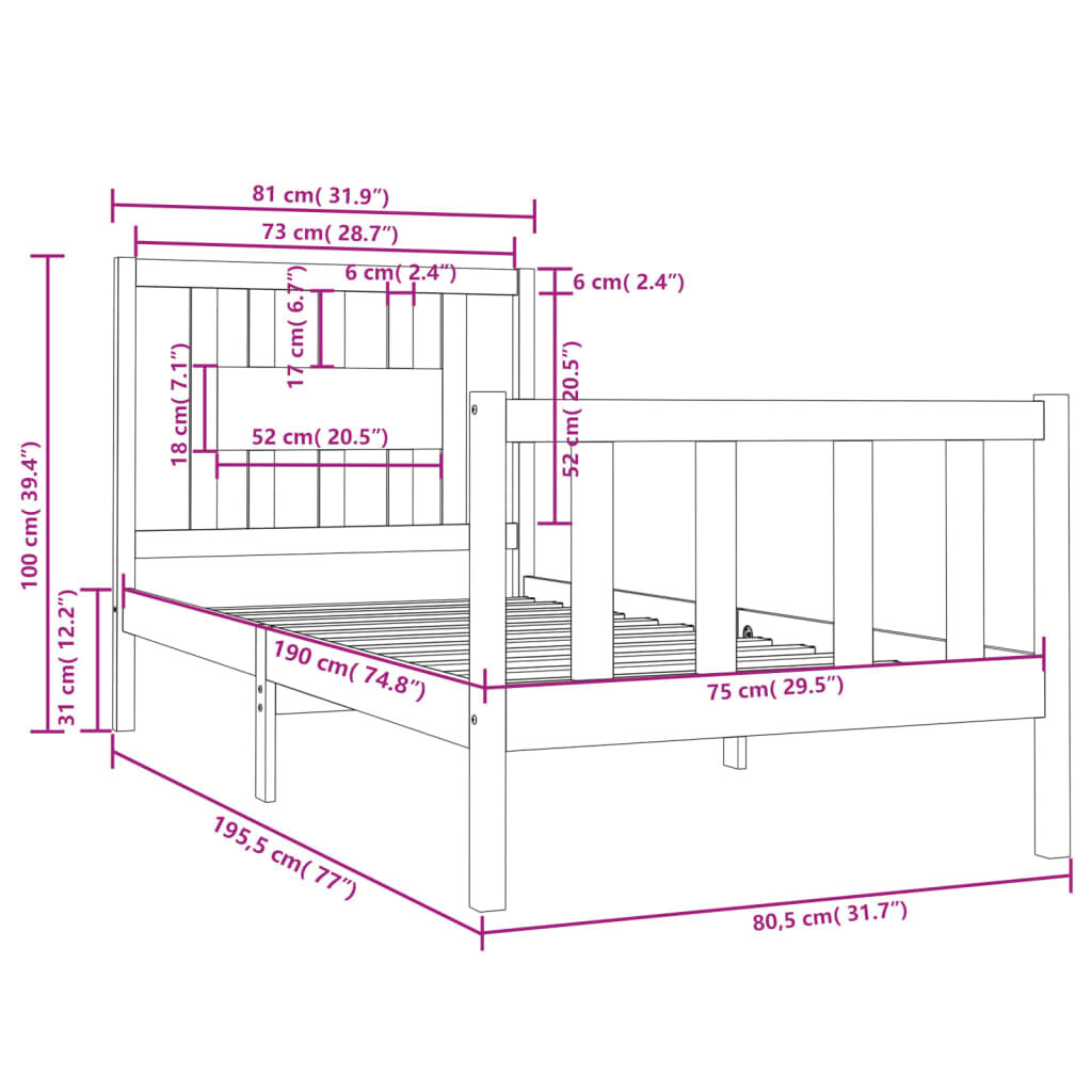 Πλαίσιο Κρεβατιού Γκρι 75x190 εκ. Μασίφ Ξύλο 2FT6 Small Single