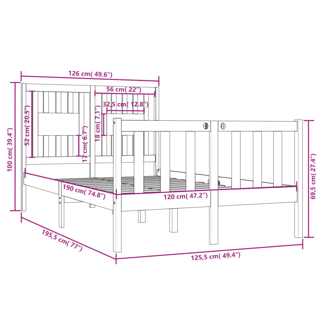 Πλαίσιο Κρεβατιού 120 x 190 εκ. από Μασίφ Ξύλο 4FT Small Double