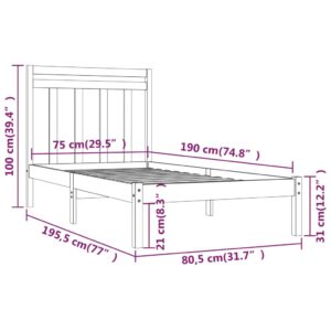 Πλαίσιο Κρεβατιού Γκρι 75x190 εκ. Μασίφ Ξύλο 2FT6 Small Single