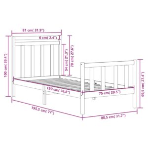 Πλαίσιο Κρεβατιού Γκρι 75x190 εκ. Μασίφ Ξύλο 2FT6 Small Single