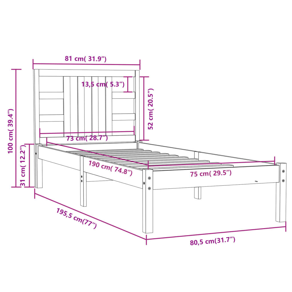 Πλαίσιο Κρεβατιού Γκρι 75x190 εκ. Μασίφ Ξύλο 2FT6 Small Single