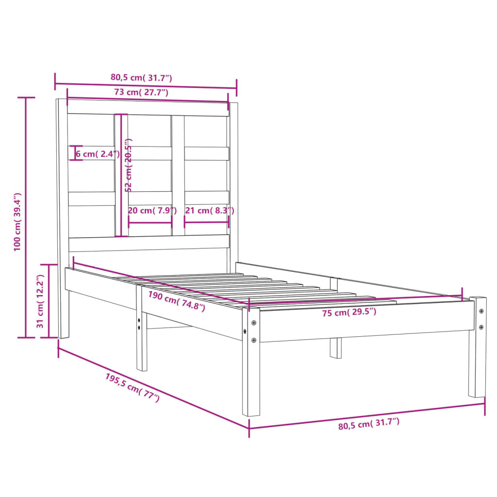 Πλαίσιο Κρεβατιού Μαύρο 75x190 εκ. Μασίφ Ξύλο 2FT6 Small Single