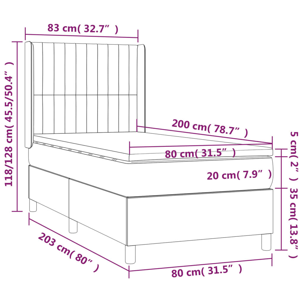 Κρεβάτι Boxspring με Στρώμα Σκούρο Γκρι 80x200 εκ. Υφασμάτινο