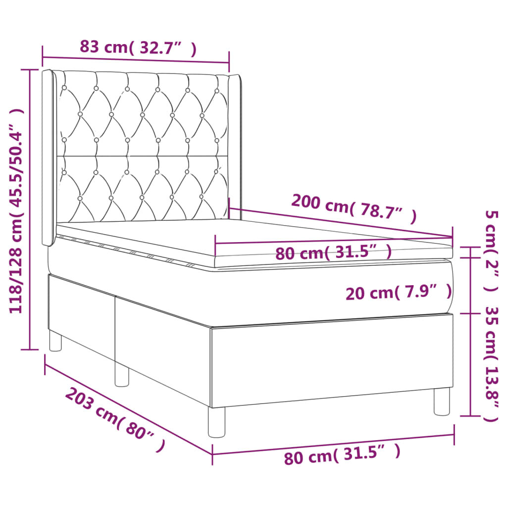 Κρεβάτι Boxspring με Στρώμα Σκούρο Γκρι 80x200 εκ. Υφασμάτινο