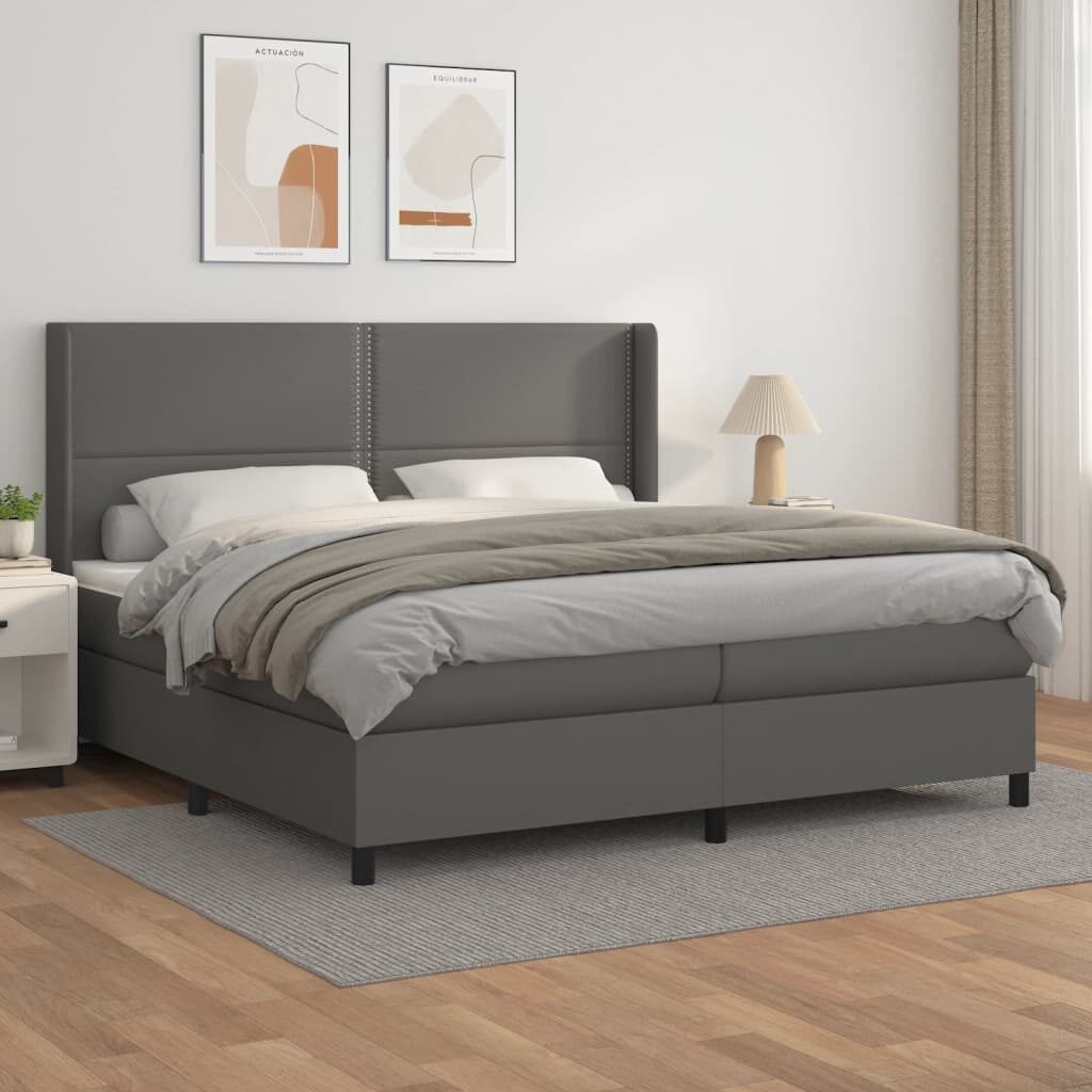 Κρεβάτι Boxspring με Στρώμα Γκρι 200x200 εκ. Συνθετικό Δέρμα