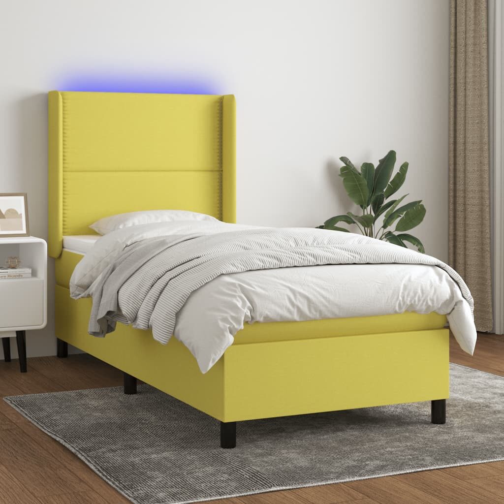 Κρεβάτι Boxspring με Στρώμα & LED Πράσινο 90x190 εκ. Υφασμάτινο