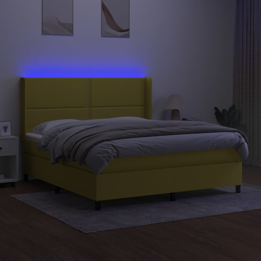 Κρεβάτι Boxspring με Στρώμα & LED Πράσινο 160x200 εκ Υφασμάτινο