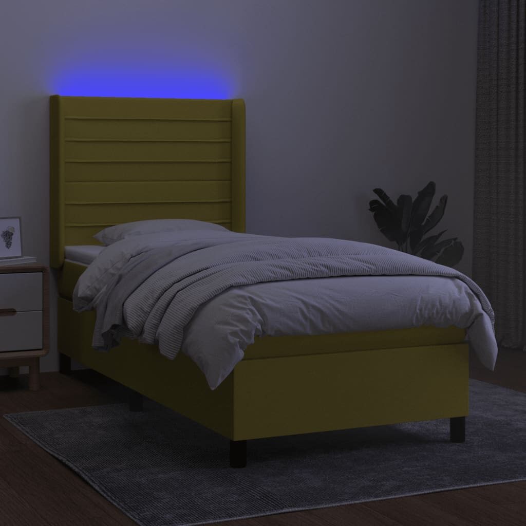 Κρεβάτι Boxspring με Στρώμα & LED Πράσινο 90x190 εκ. Υφασμάτινο