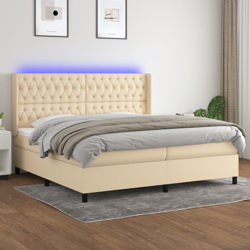 Κρεβάτι Boxspring με Στρώμα & LED Κρεμ 200x200 εκ. Υφασμάτινο