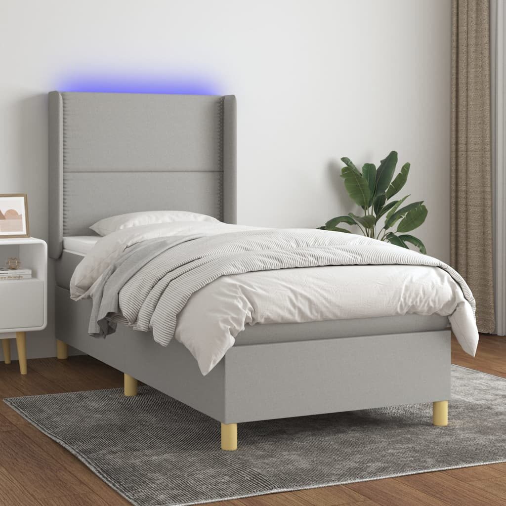 Κρεβάτι Boxspring με Στρώμα & LED Αν.Γκρι 90x200 εκ. Υφασμάτινο