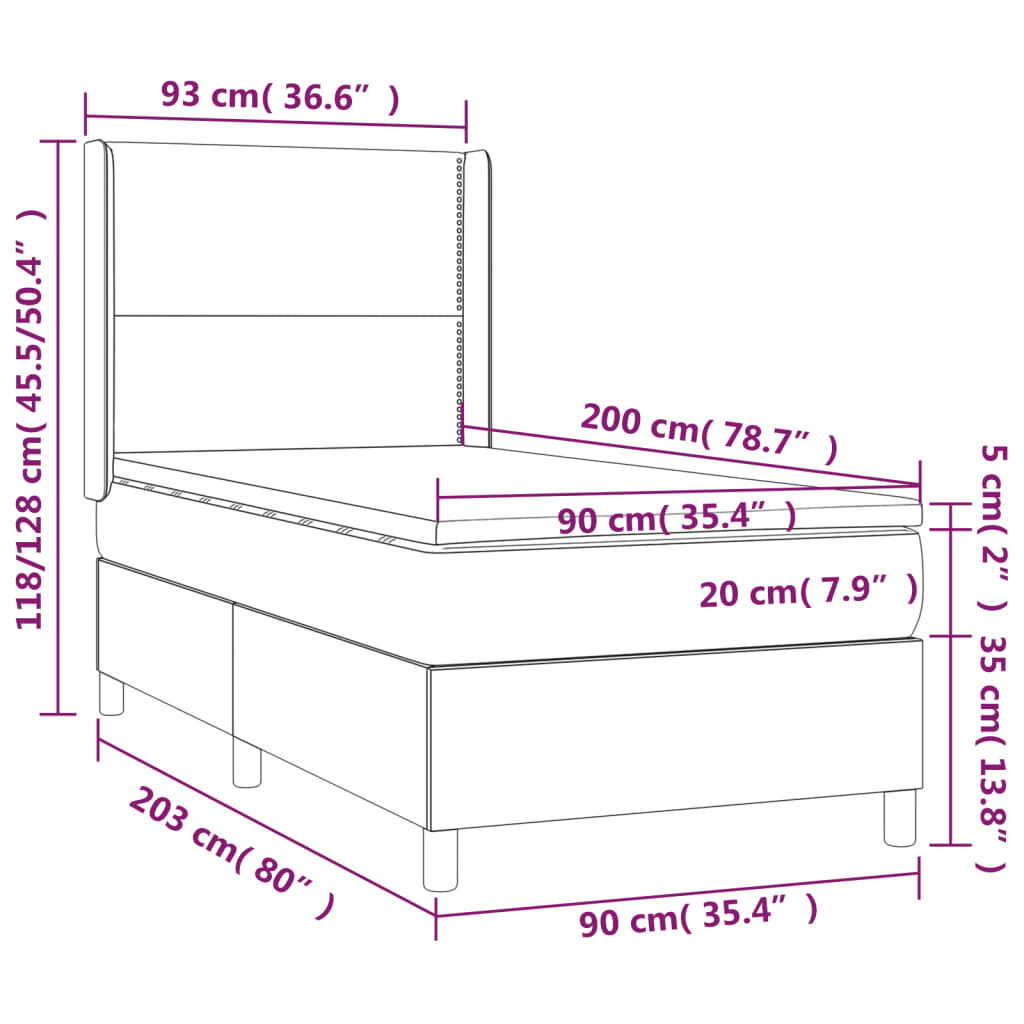 Κρεβάτι Boxspring με Στρώμα & LED Αν.Γκρι 90x200 εκ. Υφασμάτινο