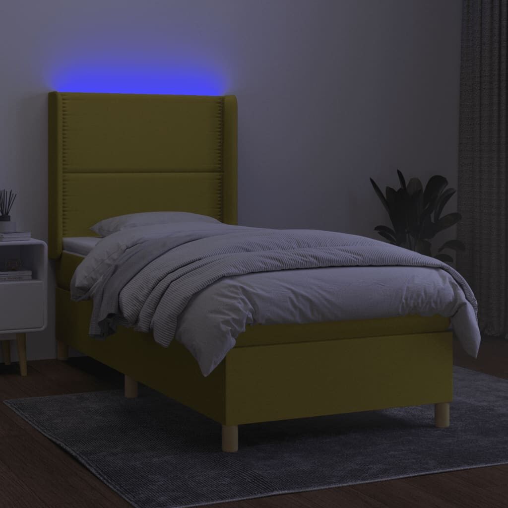 Κρεβάτι Boxspring με Στρώμα & LED Πράσινο 90x200 εκ. Υφασμάτινο