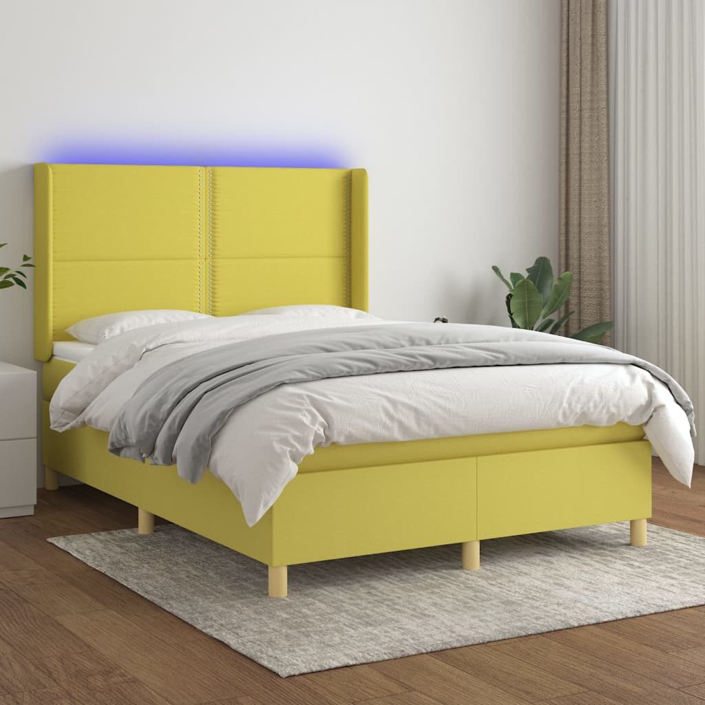 Κρεβάτι Boxspring με Στρώμα & LED Πράσινο 140x200 εκ Υφασμάτινο