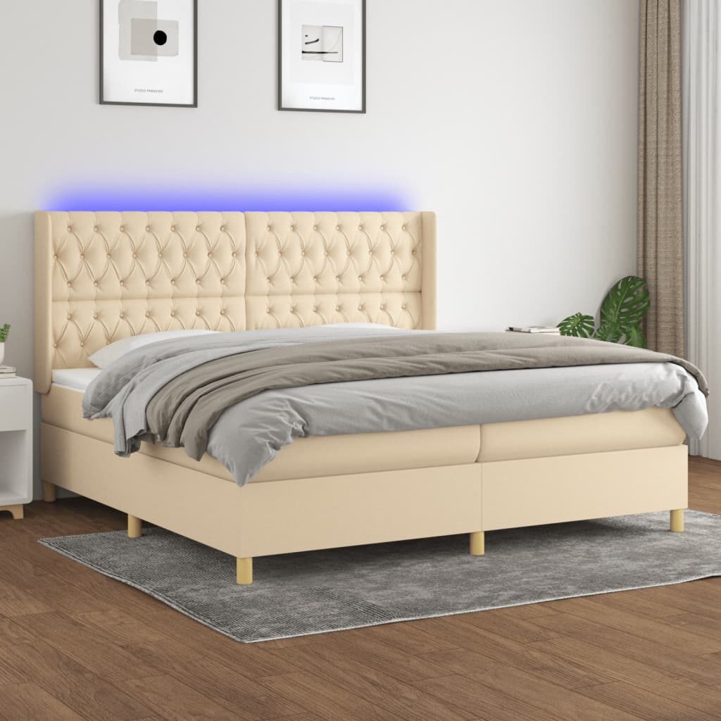 Κρεβάτι Boxspring με Στρώμα & LED Κρεμ 200x200 εκ. Υφασμάτινο