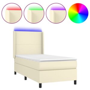 Κρεβάτι Boxspring με Στρώμα & LED Κρεμ 90x190 εκ. Συνθ. Δέρμα