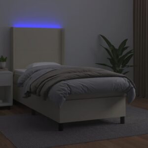 Κρεβάτι Boxspring με Στρώμα & LED Κρεμ 90x190 εκ. Συνθ. Δέρμα