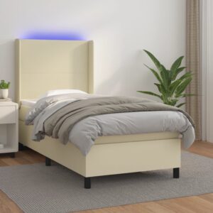 Κρεβάτι Boxspring με Στρώμα & LED Κρεμ 90x190 εκ. Συνθ. Δέρμα