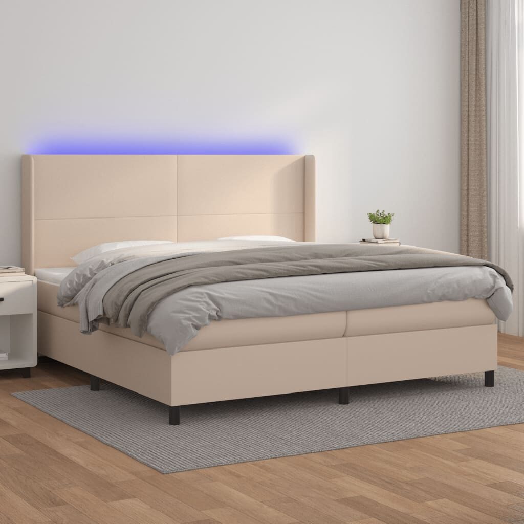 Κρεβάτι Boxspring Στρώμα&LED Καπουτσίνο 200x200 εκ. Συνθ. Δέρμα