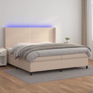 Κρεβάτι Boxspring Στρώμα&LED Καπουτσίνο 200x200 εκ. Συνθ. Δέρμα