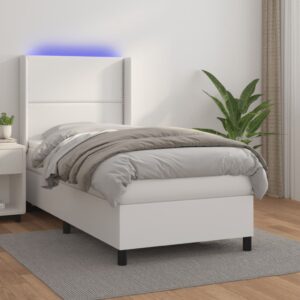 Κρεβάτι Boxspring με Στρώμα & LED Λευκό 90x190 εκ. Συνθ. Δέρμα