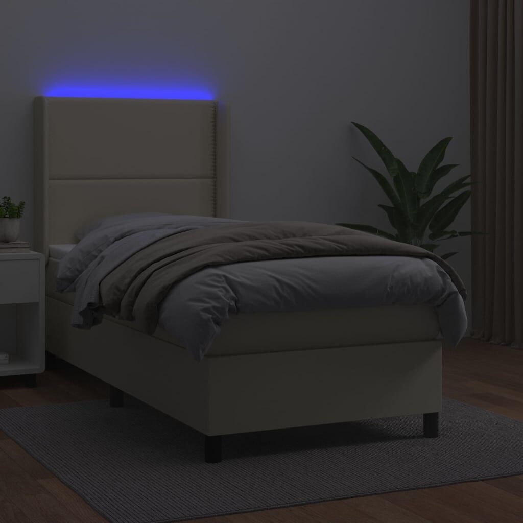 Κρεβάτι Boxspring με Στρώμα & LED Κρεμ 90x190 εκ. Συνθ. Δέρμα