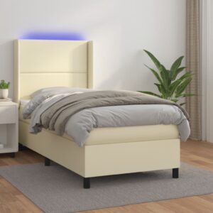 Κρεβάτι Boxspring με Στρώμα & LED Κρεμ 90x190 εκ. Συνθ. Δέρμα