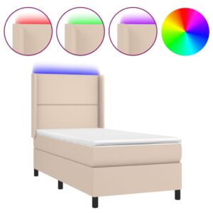 Κρεβάτι Boxspring Στρώμα&LED Καπουτσίνο 90x190 εκ. Συνθ. Δέρμα