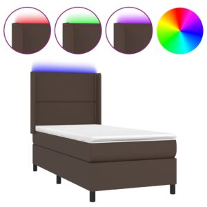 Κρεβάτι Boxspring με Στρώμα & LED Καφέ 90x200 εκ. Συνθ. Δέρμα