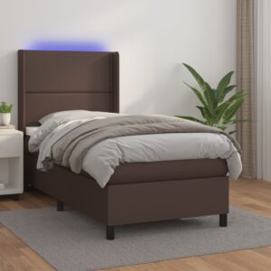 Κρεβάτι Boxspring με Στρώμα & LED Καφέ 90x200 εκ. Συνθ. Δέρμα