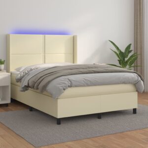 Κρεβάτι Boxspring με Στρώμα & LED Κρεμ 140x200 εκ. Συνθ. Δέρμα