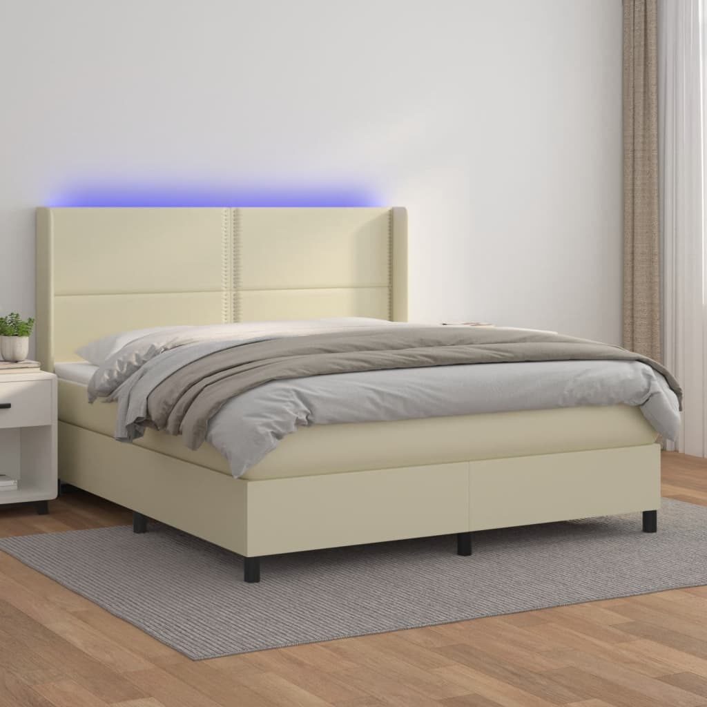 Κρεβάτι Boxspring με Στρώμα & LED Κρεμ 160x200 εκ. Συνθ. Δέρμα