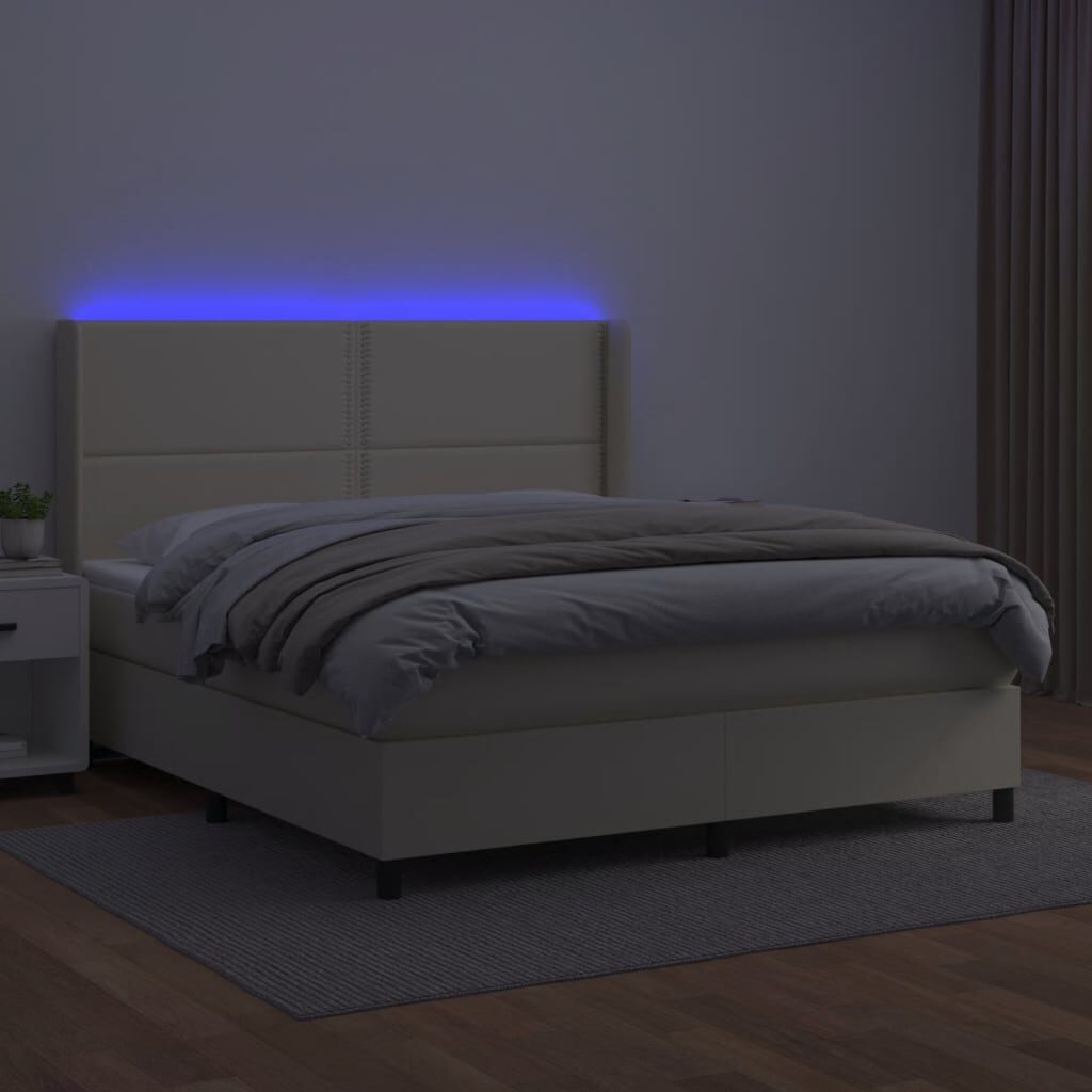 Κρεβάτι Boxspring με Στρώμα & LED Κρεμ 160x200 εκ. Συνθ. Δέρμα