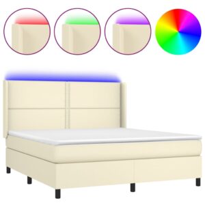 Κρεβάτι Boxspring με Στρώμα & LED Κρεμ 180x200 εκ. Συνθ. Δέρμα