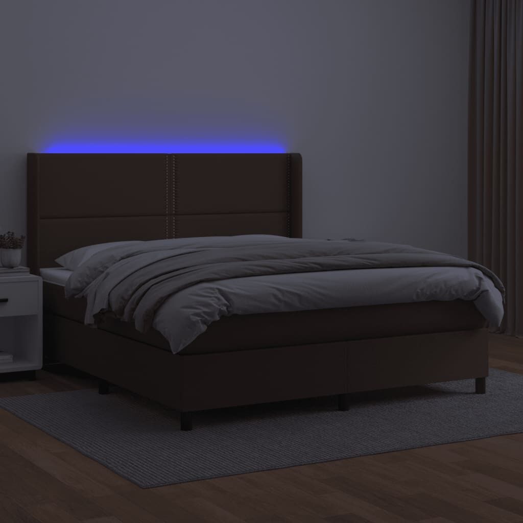 Κρεβάτι Boxspring με Στρώμα & LED Καφέ 180x200 εκ. Συνθ. Δέρμα