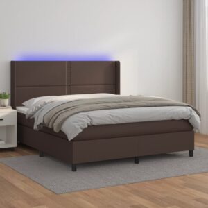 Κρεβάτι Boxspring με Στρώμα & LED Καφέ 180x200 εκ. Συνθ. Δέρμα