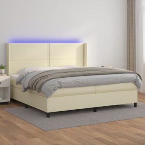 Κρεβάτι Boxspring με Στρώμα & LED Κρεμ 200x200 εκ. Συνθ. Δέρμα