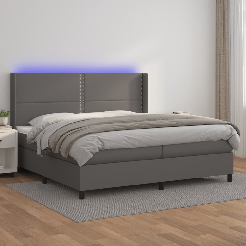 Κρεβάτι Boxspring με Στρώμα & LED Γκρι 200x200 εκ. Συνθ. Δέρμα