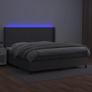 Κρεβάτι Boxspring με Στρώμα & LED Γκρι 200x200 εκ. Συνθ. Δέρμα