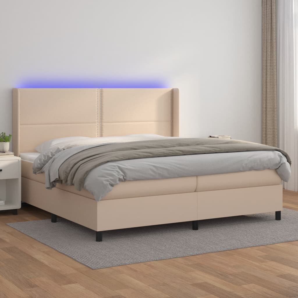 Κρεβάτι Boxspring Στρώμα&LED Καπουτσίνο 200x200 εκ. Συνθ. Δέρμα