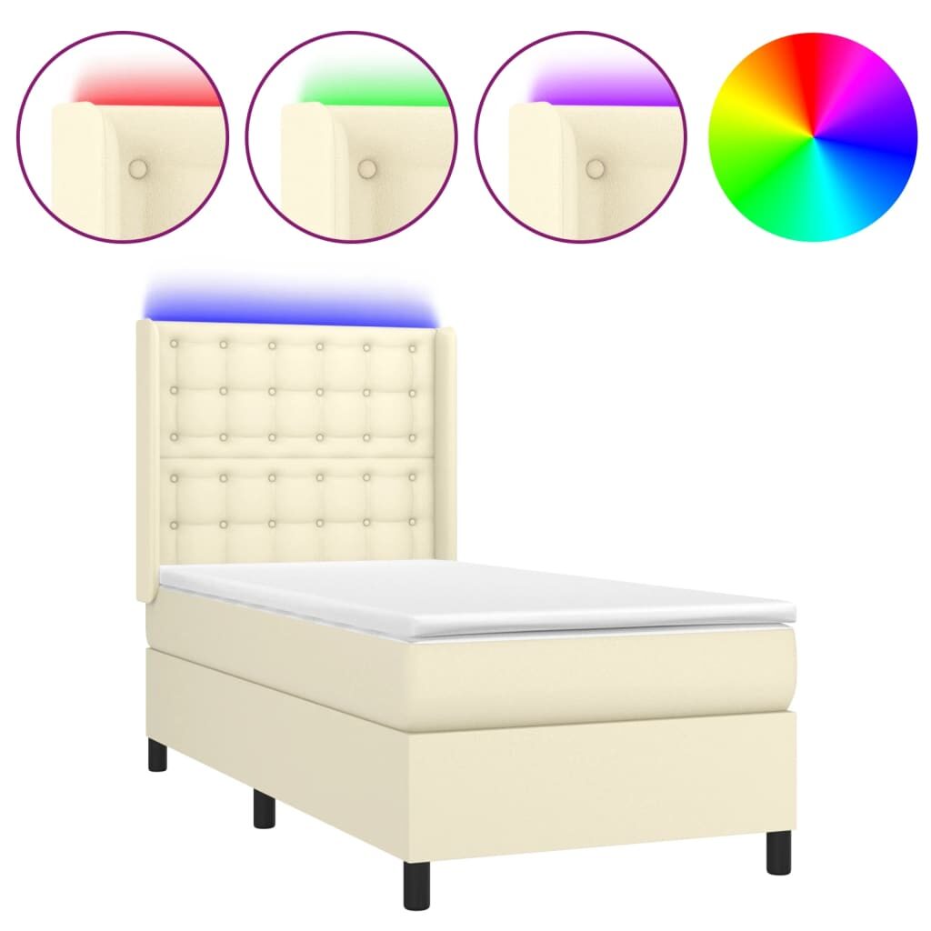 Κρεβάτι Boxspring με Στρώμα & LED Κρεμ 90x190 εκ. Συνθ. Δέρμα