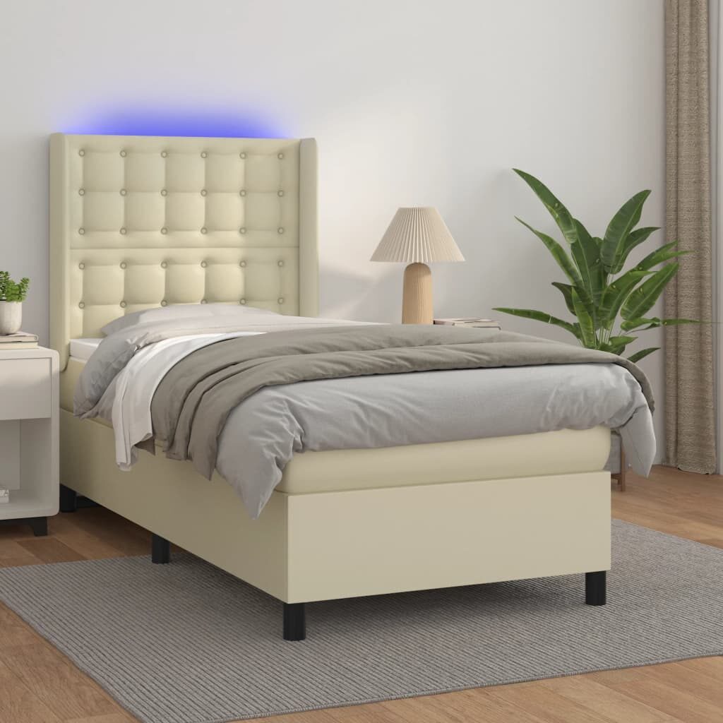 Κρεβάτι Boxspring με Στρώμα & LED Κρεμ 90x190 εκ. Συνθ. Δέρμα