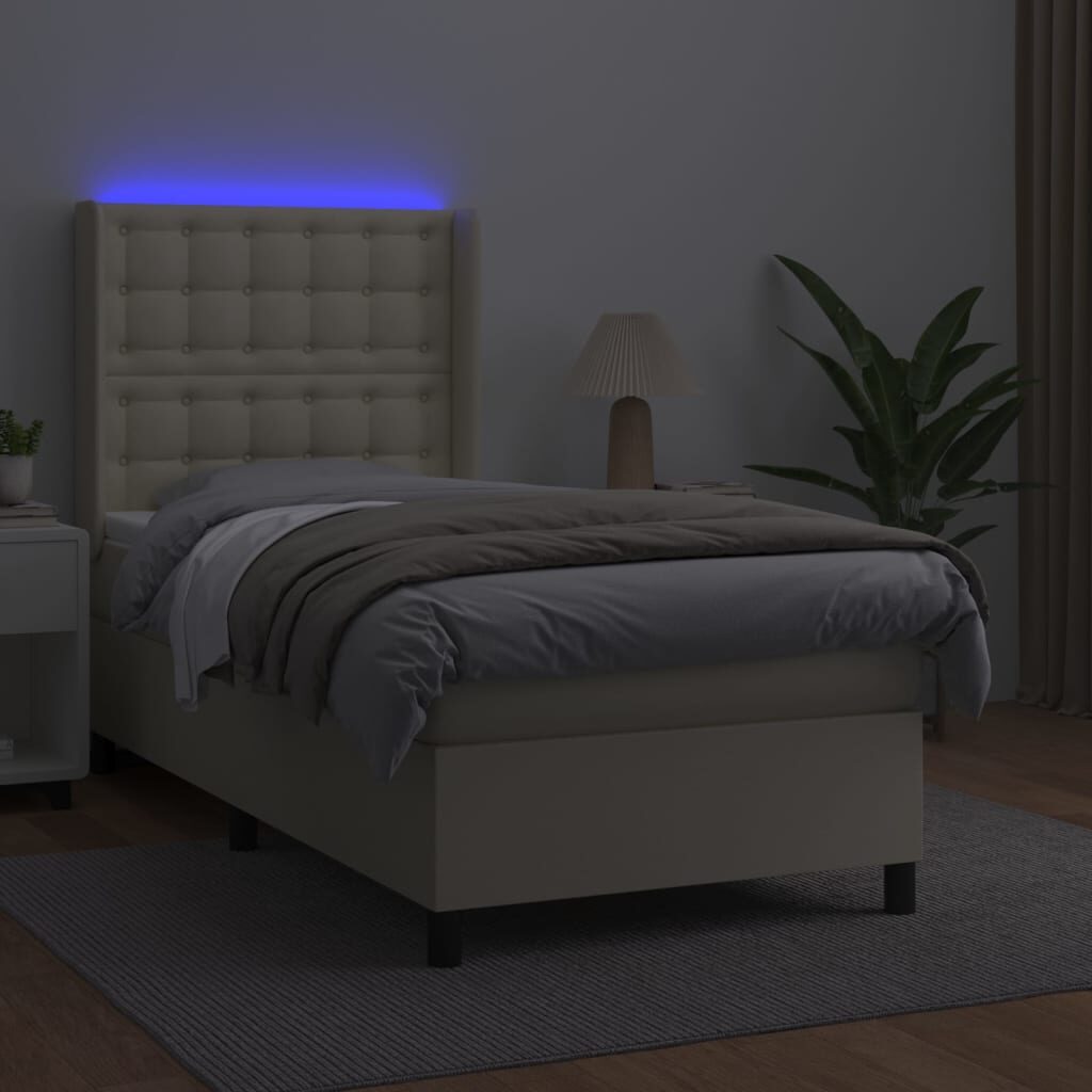 Κρεβάτι Boxspring με Στρώμα & LED Κρεμ 90x190 εκ. Συνθ. Δέρμα