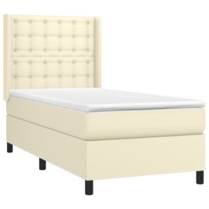 Κρεβάτι Boxspring με Στρώμα & LED Κρεμ 90x190 εκ. Συνθ. Δέρμα